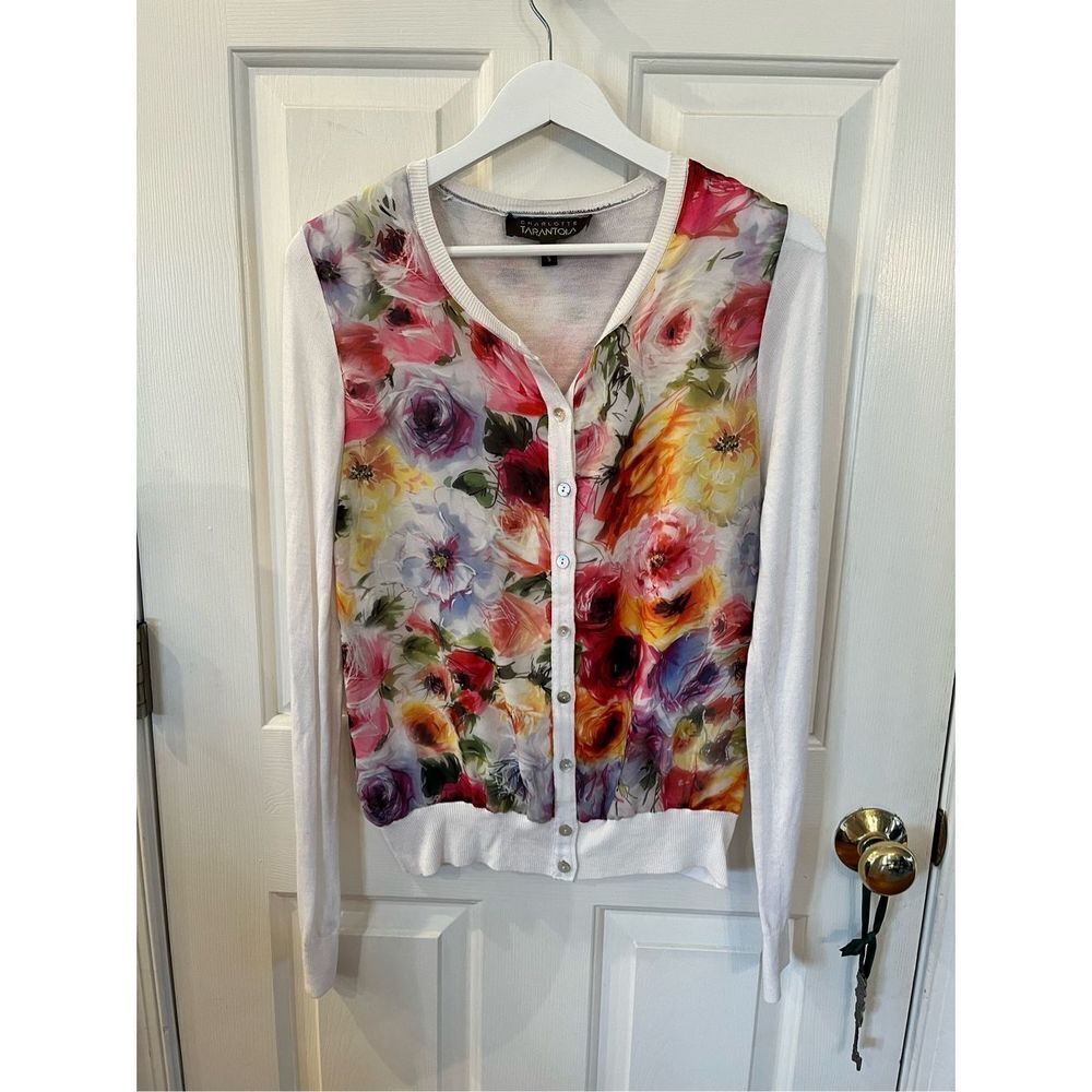 Charlotte Tarantola White Floral Print Cardigan Sweater sz S EUC